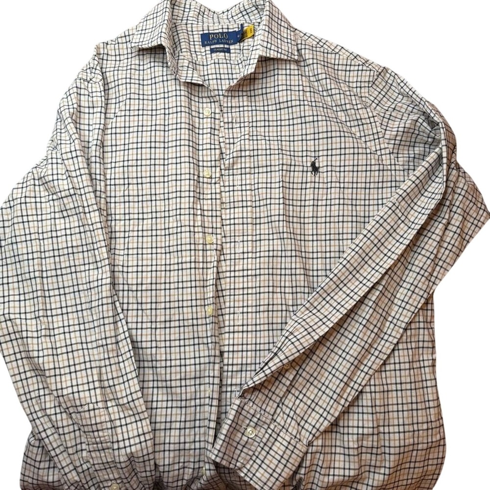 Polo Ralph Lauren‎ Button Down Mens M Tan Check Classic Fit Long Sleeve Logo